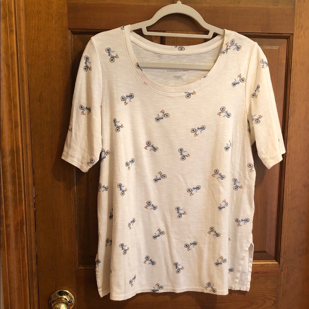 JJill White Cotton Short Sleeve Tee with Blue Bicycle Print - Oversized